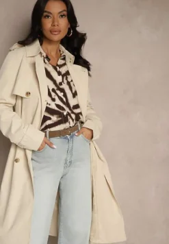 Beżowy Dwurzędowy Płaszcz Trencz z Paskiem i Elegancką Klapą Fireti