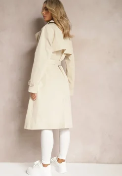 Beżowy Dwurzędowy Płaszcz Trencz o Klasycznym Kroju z Paskiem w Talii Imdelia