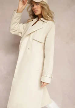 Beżowy Dwurzędowy Płaszcz Trencz o Klasycznym Kroju z Paskiem w Talii Imdelia