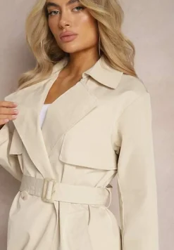 Beżowy Dwurzędowy Płaszcz Trencz o Klasycznym Kroju z Paskiem w Talii Imdelia