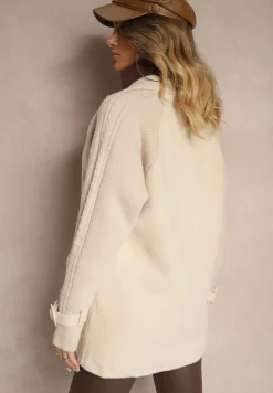 Beżowy Dwurzędowy Płaszcz z Bawełną Guzikami i Ściągaczami przy Rękawach Ililina