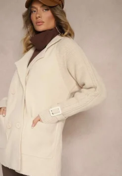 Beżowy Dwurzędowy Płaszcz z Bawełną Guzikami i Ściągaczami przy Rękawach Ililina