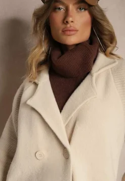 Beżowy Dwurzędowy Płaszcz z Bawełną Guzikami i Ściągaczami przy Rękawach Ililina