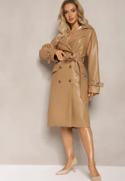 Beżowy Dwurzędowy Płaszcz z Imitacji Skóry z Paskiem Dyrine