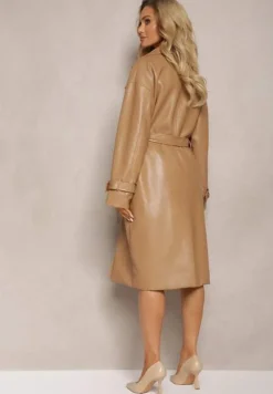 Beżowy Dwurzędowy Płaszcz z Imitacji Skóry z Paskiem Dyrine