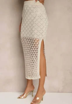 Beżowy Dzianinowy Komplet Top na Ramiączkach i Spódnica z Siateczkowej Tkaniny Tiarienne