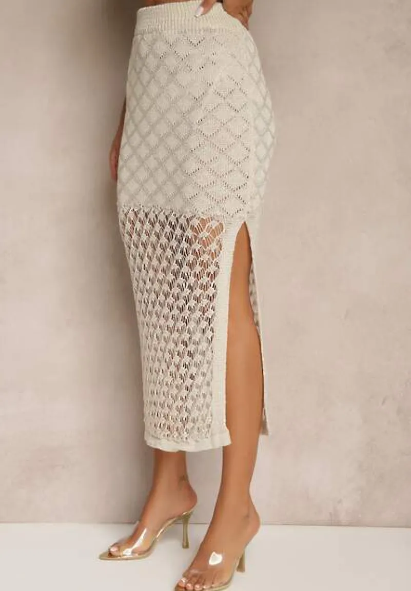 Beżowy Dzianinowy Komplet Top na Ramiączkach i Spódnica z Siateczkowej Tkaniny Tiarienne