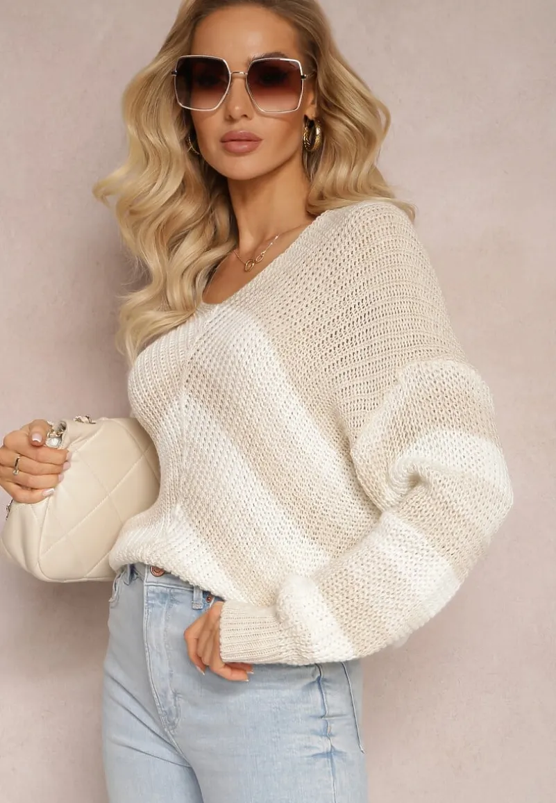 Beżowy Dzianinowy Sweter w Paski Hlenora