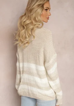 Beżowy Dzianinowy Sweter w Paski Hlenora