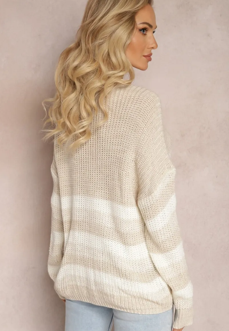 Beżowy Dzianinowy Sweter w Paski Hlenora