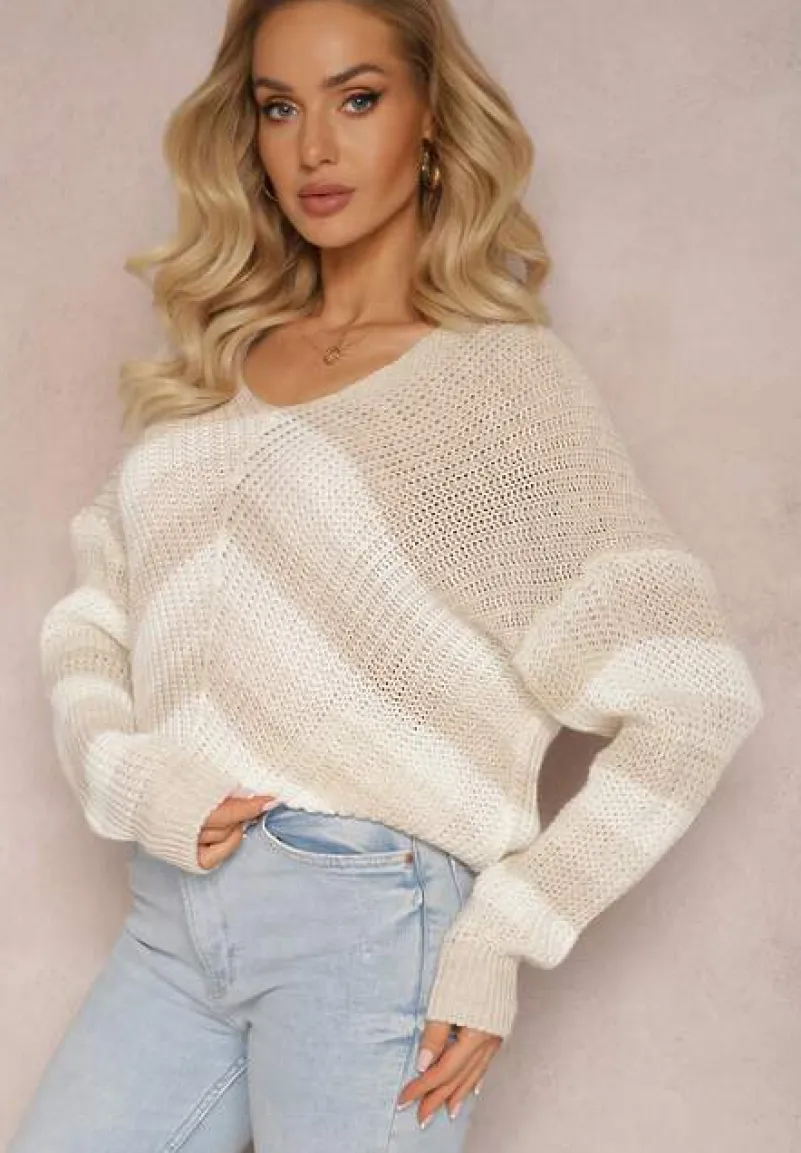 Beżowy Dzianinowy Sweter w Paski Hlenora