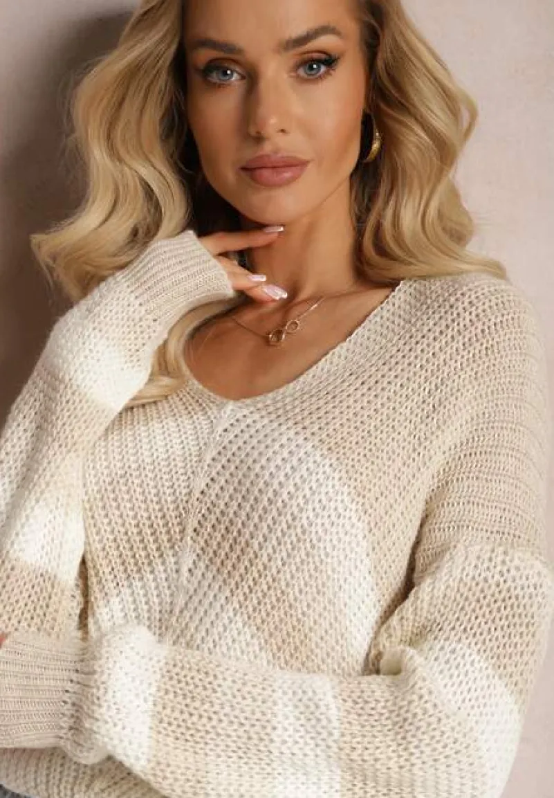 Beżowy Dzianinowy Sweter w Paski Hlenora