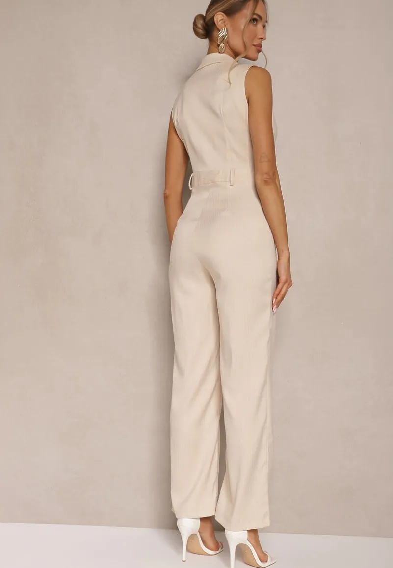 Beżowy Elegancki Kombinezon Garniturowy w Delikatne Prążki Sarilva