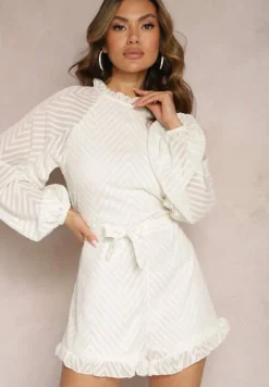 Beżowy Elegancki Kombinezon z Tłoczonym Wzorem Falbankami i Bufiastymi Rękawami Dalisa