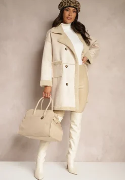 Beżowy Futerkowy Płaszcz Dwurzędowy z Kieszeniami i Szerokim Kołnierzem Sartelia