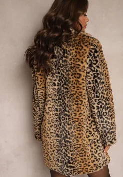 Beżowy Futrzany Płaszcz w Panterkę o Jednorzędowym Kroju z Kieszeniami Lorenciah