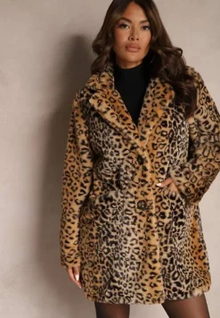 Beżowy Futrzany Płaszcz w Panterkę o Jednorzędowym Kroju z Kieszeniami Lorenciah
