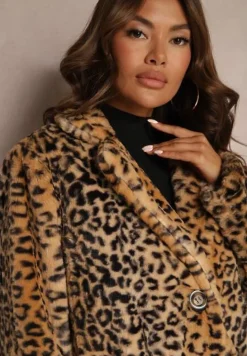 Beżowy Futrzany Płaszcz w Panterkę o Jednorzędowym Kroju z Kieszeniami Lorenciah