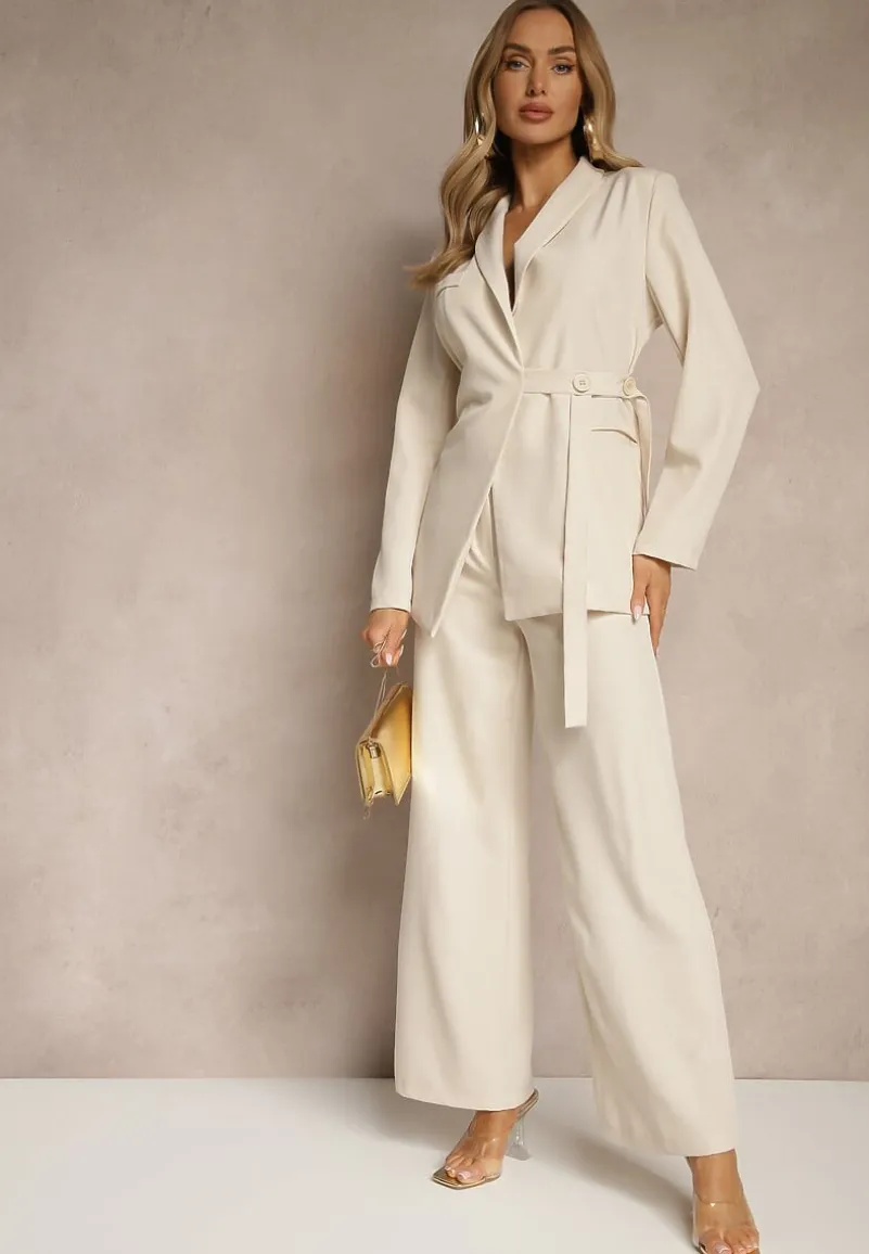 Beżowy Garnitur Szerokie Spodnie i Asymetryczna Marynarka Pumeira