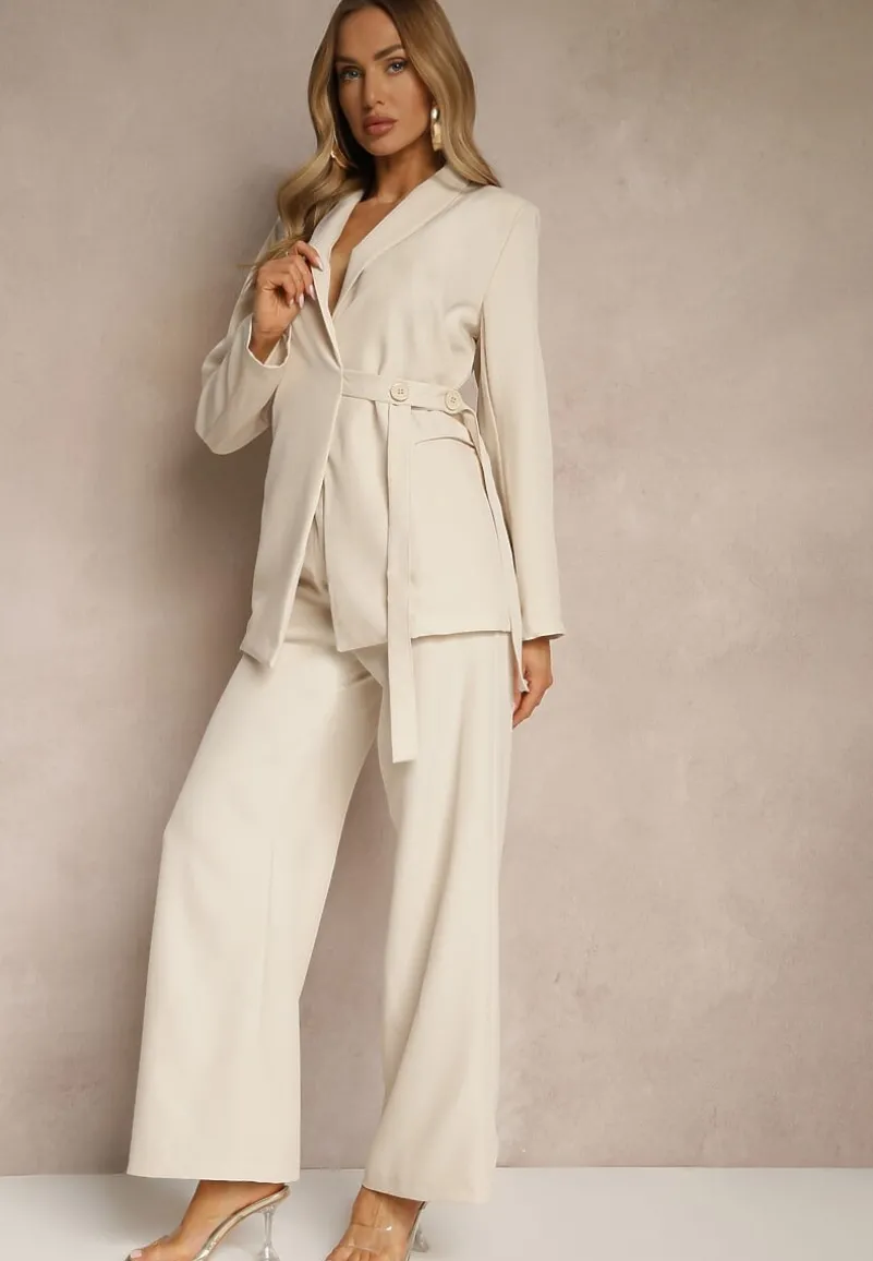 Beżowy Garnitur Szerokie Spodnie i Asymetryczna Marynarka Pumeira