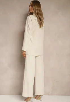Beżowy Garnitur Szerokie Spodnie i Asymetryczna Marynarka Pumeira