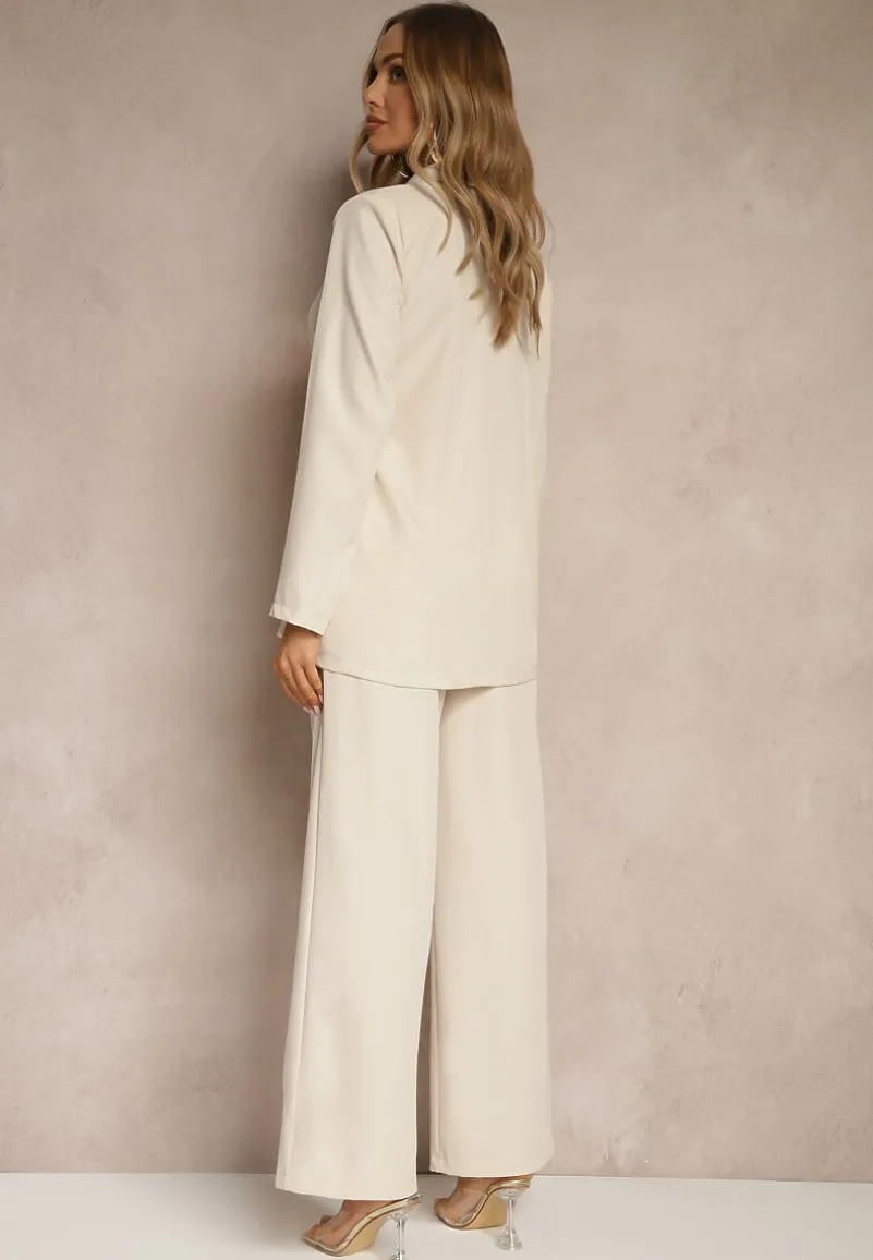 Beżowy Garnitur Szerokie Spodnie i Asymetryczna Marynarka Pumeira