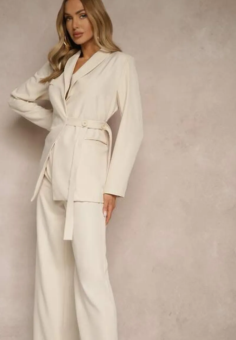 Beżowy Garnitur Szerokie Spodnie i Asymetryczna Marynarka Pumeira