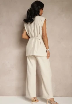 Beżowy Garniturowy Komplet Kamizelka z Wiązaniem i Spodnie o Szerokim Kroju Davielis
