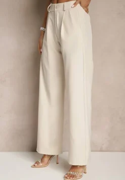 Beżowy Garniturowy Komplet Kamizelka z Wiązaniem i Spodnie o Szerokim Kroju Davielis