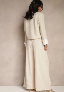 Beżowy Garniturowy Komplet Marynarka i Spodnie z Kontrastującymi Zdobieniami Davirielle