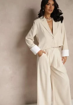 Beżowy Garniturowy Komplet Marynarka i Spodnie z Kontrastującymi Zdobieniami Davirielle