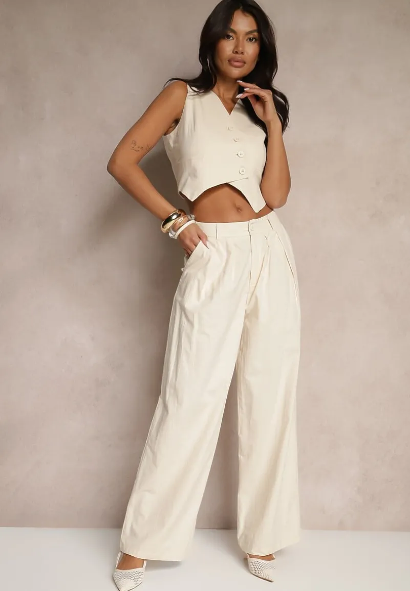 Beżowy Garniturowy Komplet z Wiskozą i Bawełną Kamizelka oraz Spodnie Milvivis