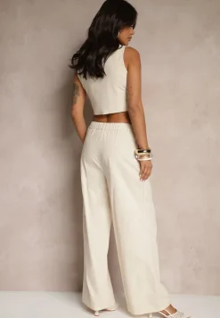 Beżowy Garniturowy Komplet z Wiskozą i Bawełną Kamizelka oraz Spodnie Milvivis