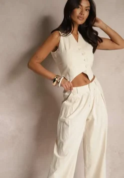 Beżowy Garniturowy Komplet z Wiskozą i Bawełną Kamizelka oraz Spodnie Milvivis