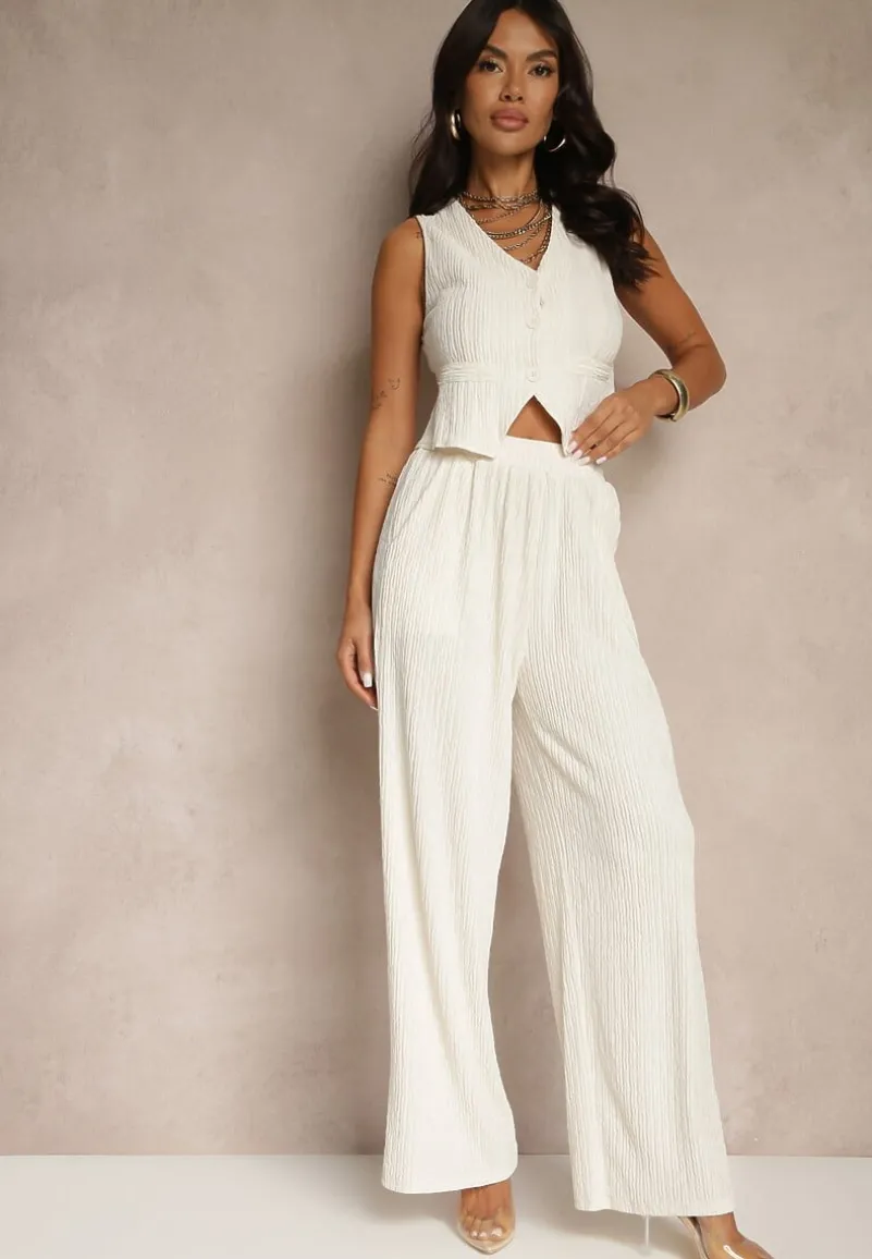 Beżowy Garniturowy Komplet z Kamizelką i Szerokimi Spodniami Filondia