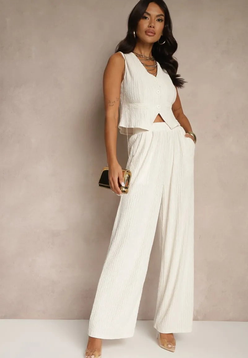 Beżowy Garniturowy Komplet z Kamizelką i Szerokimi Spodniami Filondia