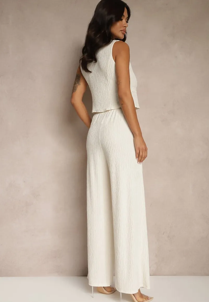 Beżowy Garniturowy Komplet z Kamizelką i Szerokimi Spodniami Filondia