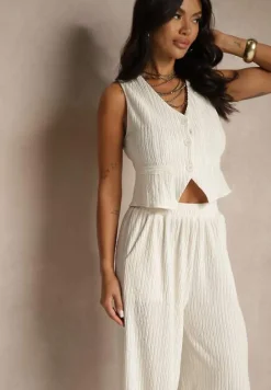 Beżowy Garniturowy Komplet z Kamizelką i Szerokimi Spodniami Filondia