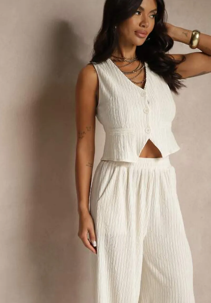 Beżowy Garniturowy Komplet z Kamizelką i Szerokimi Spodniami Filondia