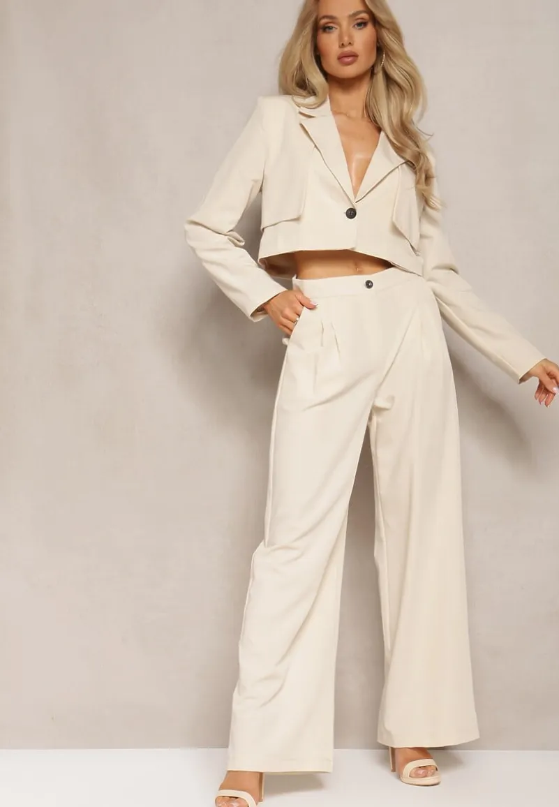 Beżowy Garniturowy Komplet w Paseczki Marynarka Cropped i Szerokie Spodnie Mairilee