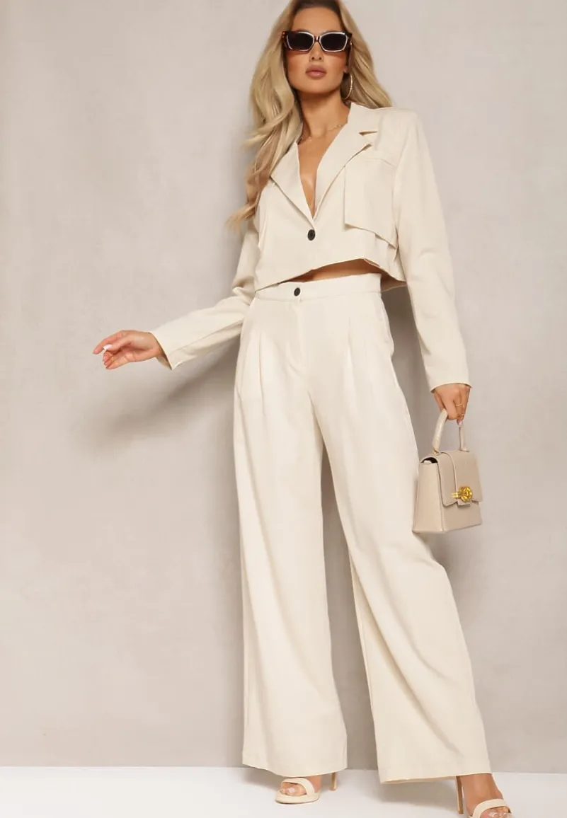 Beżowy Garniturowy Komplet w Paseczki Marynarka Cropped i Szerokie Spodnie Mairilee