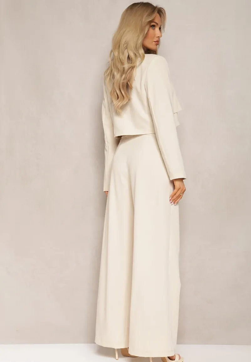 Beżowy Garniturowy Komplet w Paseczki Marynarka Cropped i Szerokie Spodnie Mairilee