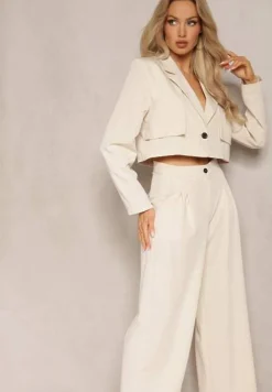 Beżowy Garniturowy Komplet w Paseczki Marynarka Cropped i Szerokie Spodnie Mairilee