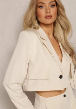 Beżowy Garniturowy Komplet w Paseczki Marynarka Cropped i Szerokie Spodnie Mairilee