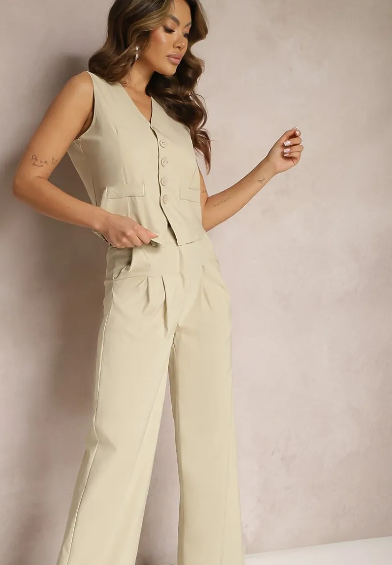 Beżowy Garniturowy Komplet Kamizelka i Proste Spodnie High Waist Nithriella