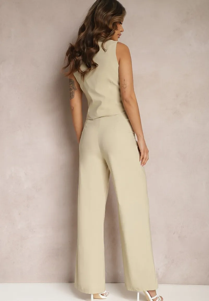 Beżowy Garniturowy Komplet Kamizelka i Proste Spodnie High Waist Nithriella