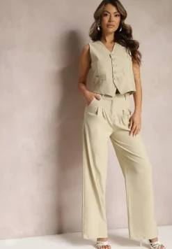 Beżowy Garniturowy Komplet Kamizelka i Proste Spodnie High Waist Nithriella