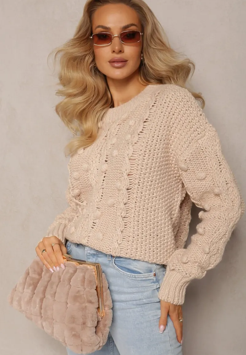 Beżowy Grubo Pleciony Sweter z Wełną i Bawełną Bavime