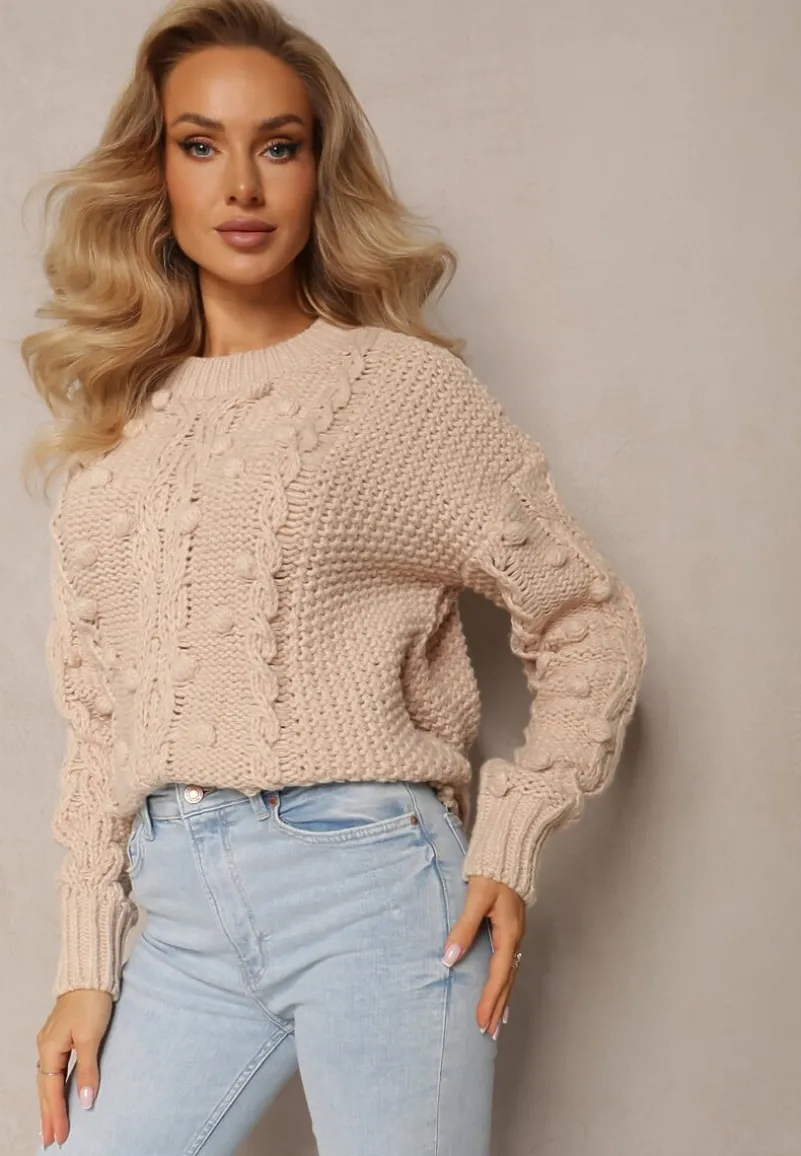 Beżowy Grubo Pleciony Sweter z Wełną i Bawełną Bavime