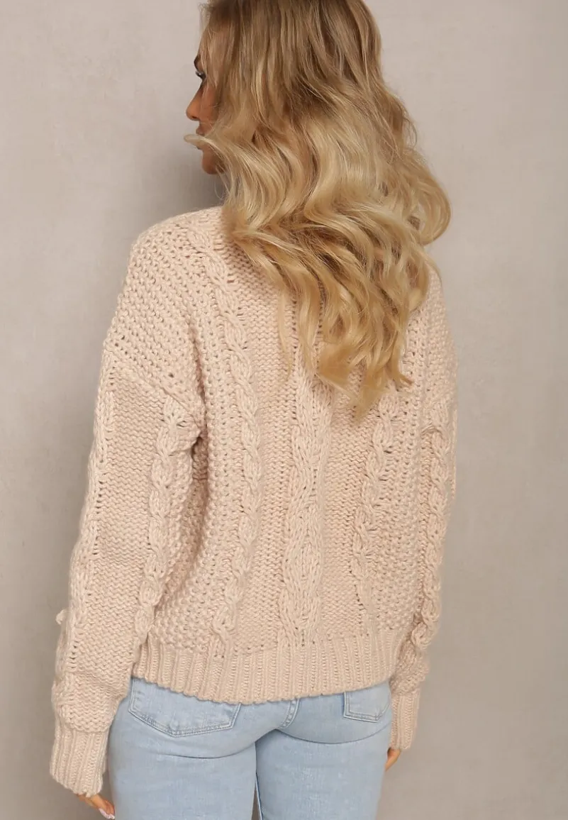 Beżowy Grubo Pleciony Sweter z Wełną i Bawełną Bavime